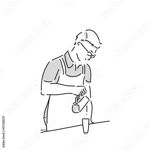 Cafe barista making art coffee. Pouring milk in coffee. Vector illustration. Hand-drawn icon 