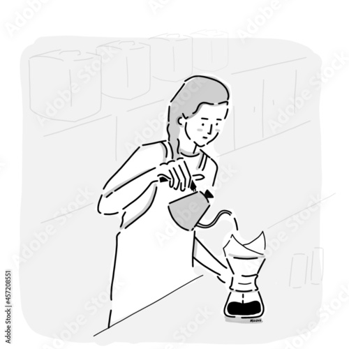 Cafe barista makes coffee. Pouring hot water to coffee. Vector illustration. Hand-drawn icon.
