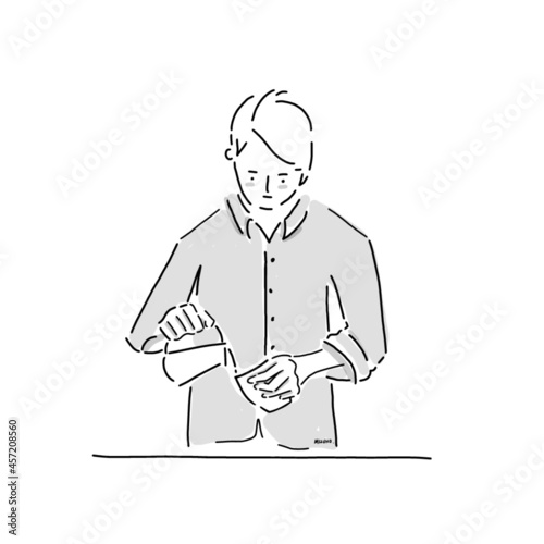 Home cafe, barista making coffee. Pouring milk to coffee. Vector illustration. Hand-drawn icon.