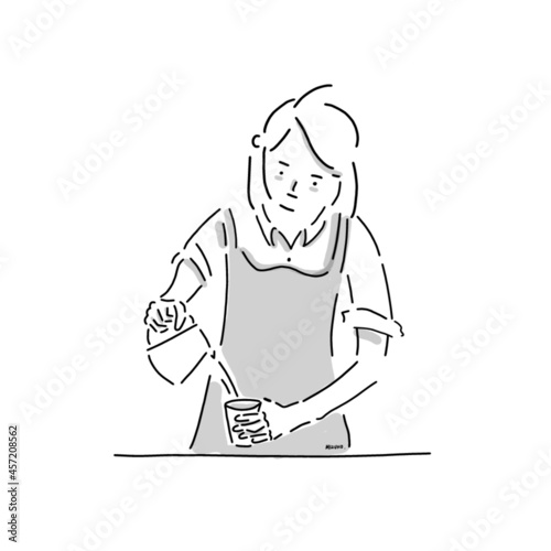 Cafe barista making art coffee. Pouring milk to coffee. Vector illustration. Hand-drawn icon