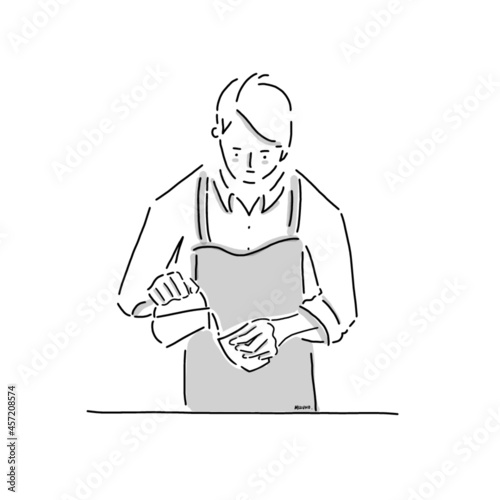 Cafe barista making art coffee. Pouring milk to coffee. Vector illustration. Hand-drawn icon