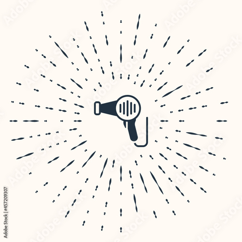 Grey Hair dryer icon isolated on beige background. Hairdryer sign. Hair drying symbol. Blowing hot air. Abstract circle random dots. Vector