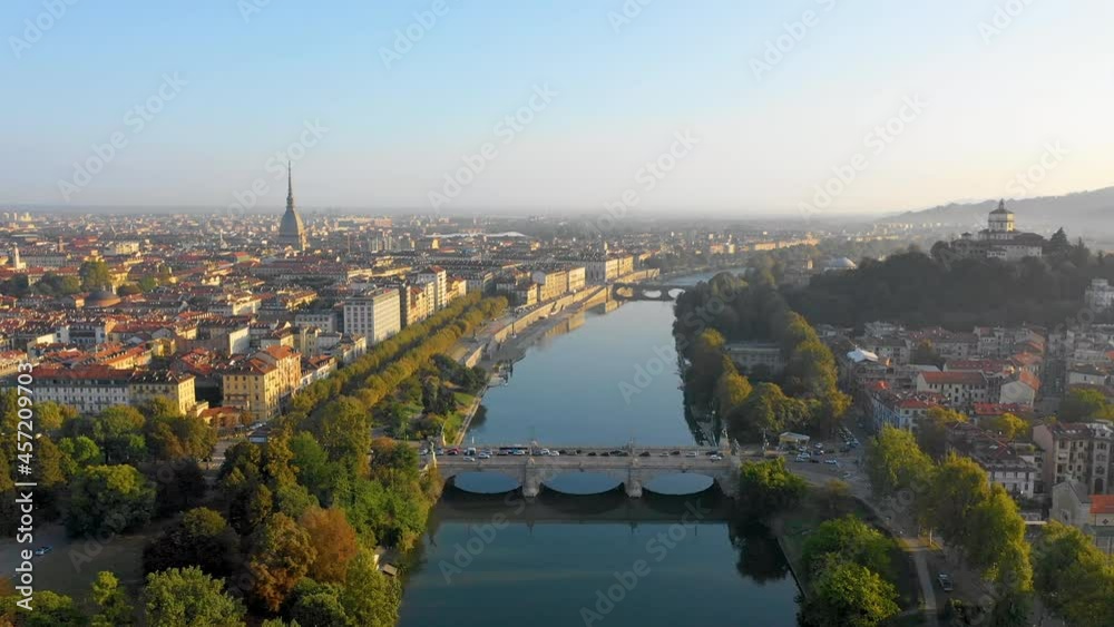 Turin italy skyline drone video aerial view, river and bridge city downtown from above. Turin italy skyline drone video aerial view, river and bridge city downtown from above.