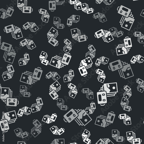 Grey Artificial intelligence robot icon isolated seamless pattern on black background. Machine learning, cloud computing. Vector