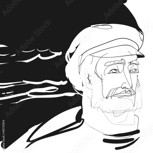 Linear, vector freehand drawing. Sketch, abstract face of a sailor, fisherman, crab catcher man. Sea wolf.