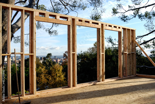 Wood framed wall on a construction site © Mel Stoutsenberger