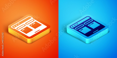Isometric Online translator icon isolated on orange and blue background. Foreign language conversation icons in chat speech bubble. Translating concept. Vector