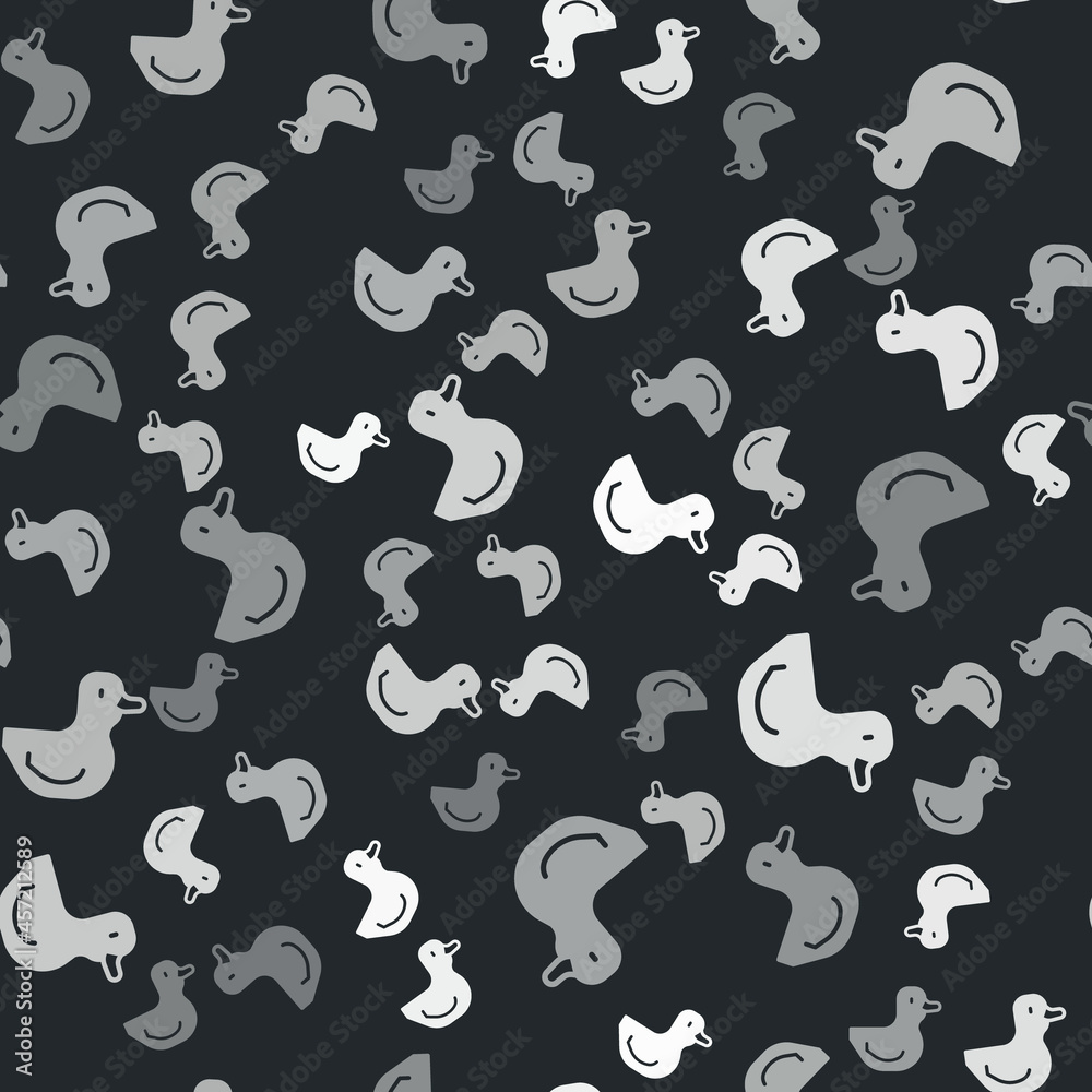Grey Rubber duck icon isolated seamless pattern on black background. Vector