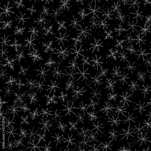 Hand Drawn Snowflakes Christmas Seamless Pattern. Subtle Flying Snow Flakes on chalk snowflakes Background. Authentic chalk handdrawn snow overlay. Extraordinary holiday season decoration.