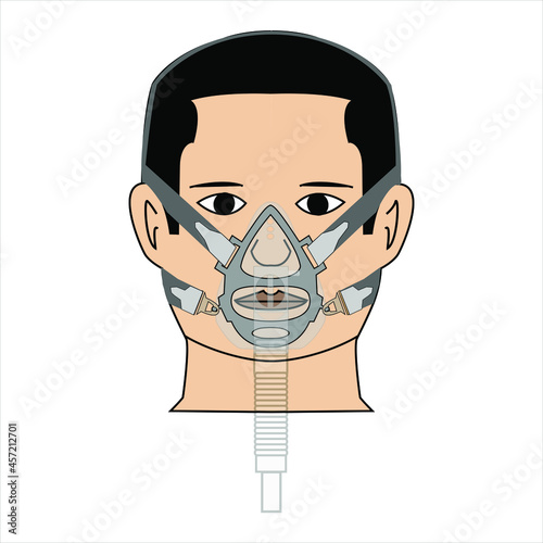 Paciente con mascara y árnes vista frontal  Paciente con mascara para la apnea del sueño