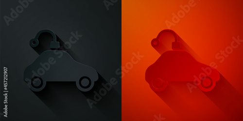 Paper cut Radio controlled car toy icon isolated on black and red background. Control remote car toy. Paper art style. Vector