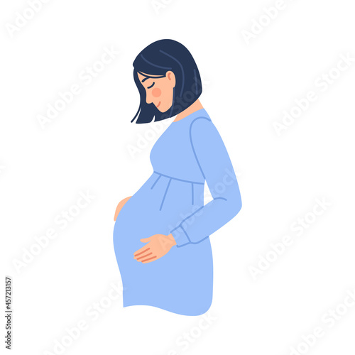 Caucasian expectant woman holding belly.