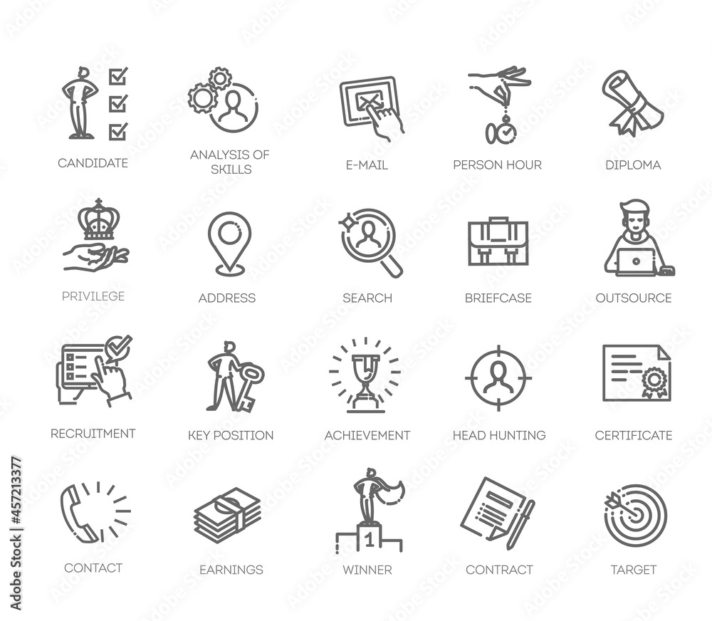 Headhunting And Recruiting minimal thin line web icon set. Headhunting And Recruiting minimal thin line web icon set.