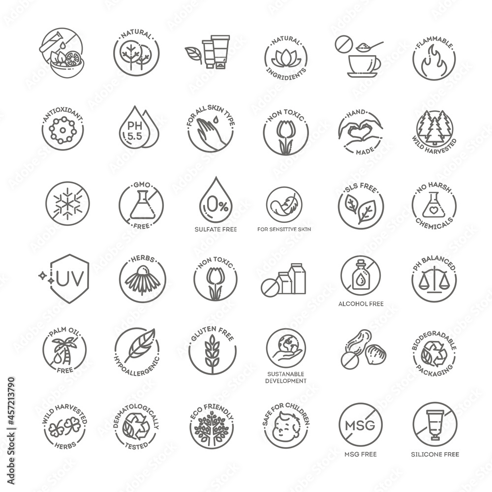 Natural organic cosmetics, vegan food symbols