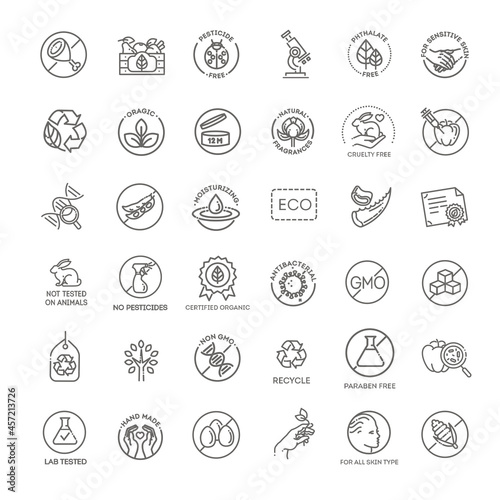 Natural food flat line icons set. Thin signs for packaging