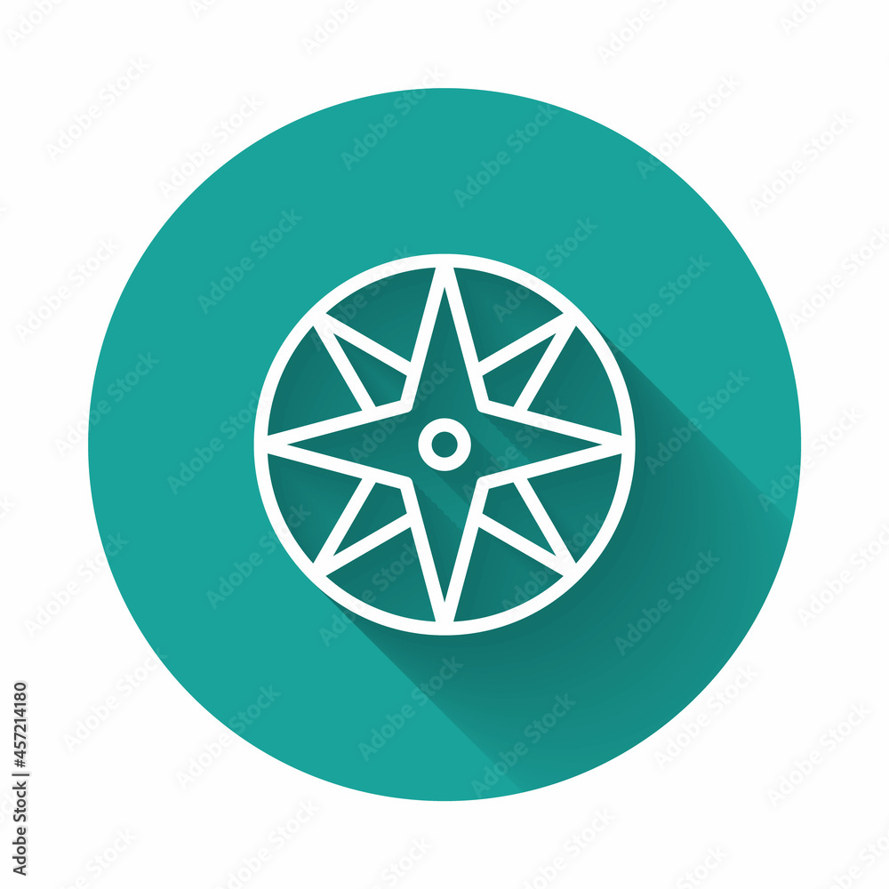 Obraz premium White line Wind rose icon isolated with long shadow background. Compass icon for travel. Navigation design. Green circle button. Vector