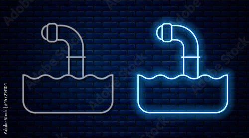 Glowing neon line Periscope in the waves above the water icon isolated on brick wall background. Vector