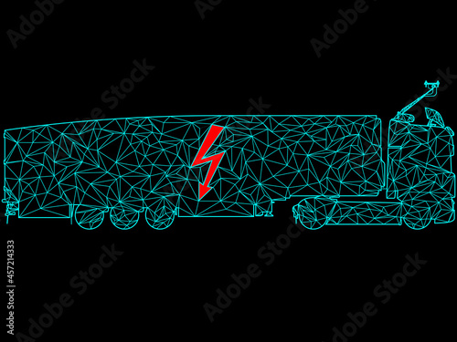 Electric e-truck Lorry, LKW TIR in blue turquoise polygon pattern with red electric lightning symbol on the trailer. On black background