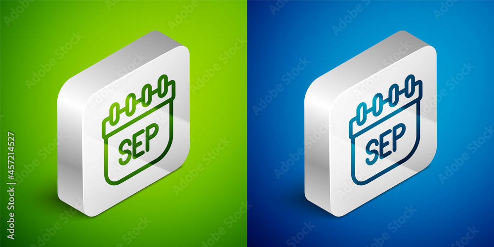 Isometric line September calendar autumn icon isolated on green and blue background. Silver square button. Vector Isometric line September calendar autumn icon isolated on green and blue background. Silver square button. Vector