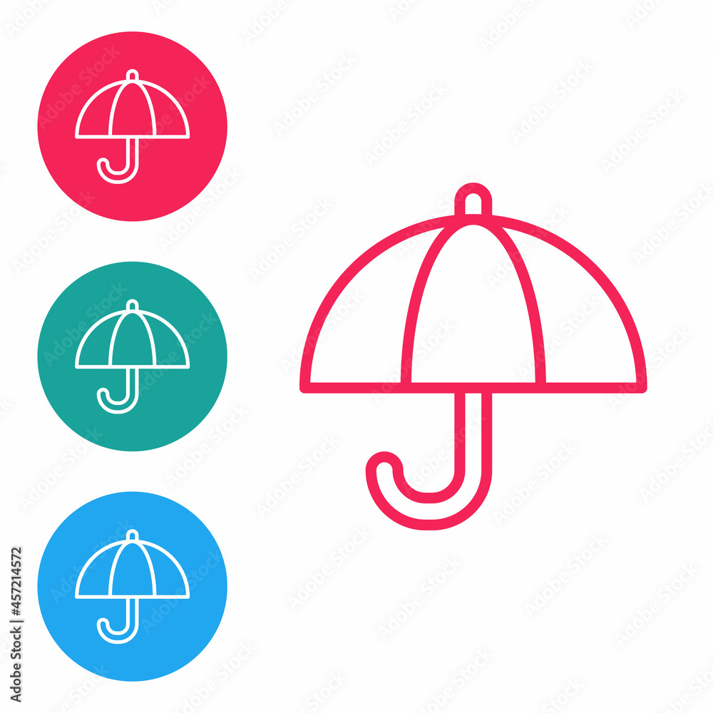 Red line Umbrella icon isolated on white background. Insurance concept. Waterproof icon. Protection, safety, security concept. Set icons in circle buttons. Vector Red line Umbrella icon isolated on white background. Insurance concept. Waterproof icon. Protection, safety, security concept. Set icons in circle buttons. Vector