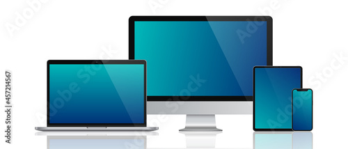 Vector minimalistic 3d illustration set device. Realistic smartphone, laptop, tablet, monitor. Vector isolated device screen for graphics presentations wallpaper design