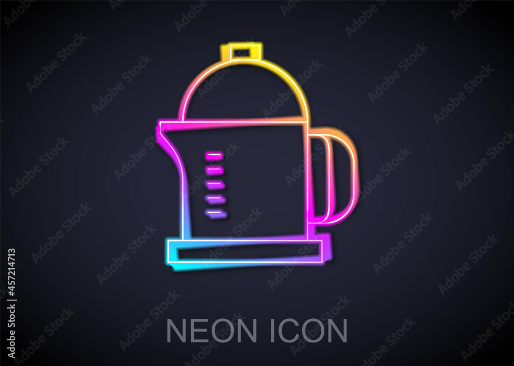 Glowing neon line French press icon isolated on black background. Vector