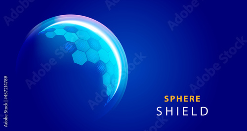 Modern tech futuristic of bubble dome shield sphere with hexagon halftone pattern grid elements on dark blue background.