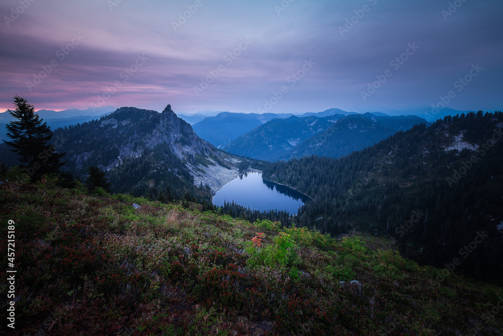 Dark and Moody Lake scene in the Mountains of Washington in the Pacific Northwest.