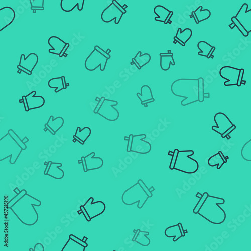 Black line Oven glove icon isolated seamless pattern on green background. Kitchen potholder sign. Cooking glove. Vector