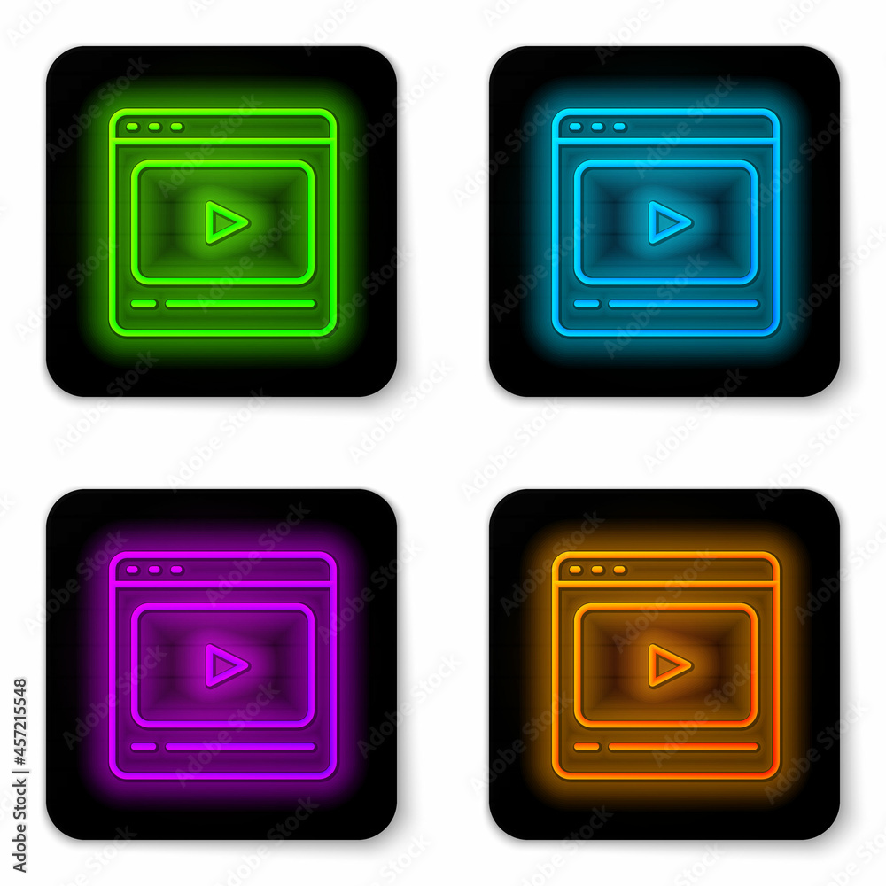 Glowing neon line Online play video icon isolated on white background. Film strip with play sign. Black square button. Vector