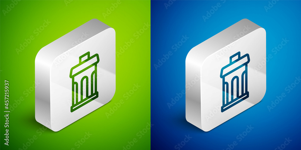 Isometric line Trash can icon isolated on green and blue background. Garbage bin sign. Recycle basket icon. Office trash icon. Silver square button. Vector Isometric line Trash can icon isolated on green and blue background. Garbage bin sign. Recycle basket icon. Office trash icon. Silver square button. Vector