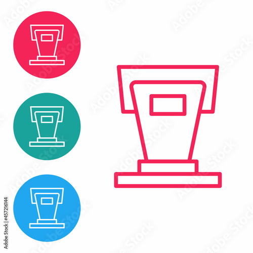 Red line Stage stand or debate podium rostrum icon isolated on white background. Conference speech tribune. Set icons in circle buttons. Vector