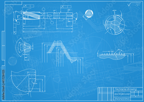 Mechanical engineering drawings on blue background. Tap tools, borer. Technical Design. Cover. Blueprint. Vector illustration.