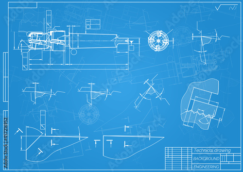Mechanical engineering drawings on blue background. Tap tools, borer. Technical Design. Cover. Blueprint. Vector illustration.