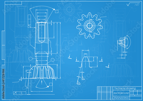 Mechanical engineering drawings on blue background. Tap tools, borer. Technical Design. Cover. Blueprint. Vector illustration.