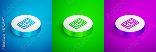 Isometric line Portable tetris electronic game icon isolated on blue, green and purple background. Vintage style pocket brick game. Interactive playing device. White circle button. Vector