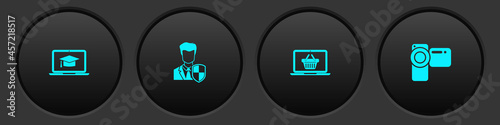 Set Graduation cap on laptop, User protection, Shopping basket and Cinema camera icon. Vector