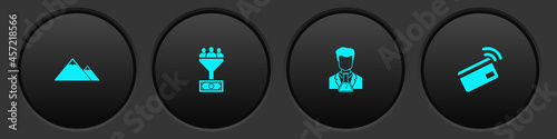 Set Mountains, Lead management, Scientist and test tube and Contactless payment icon. Vector