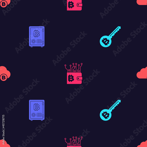 Set Cryptocurrency key, Proof of stake, wallet and cloud mining on seamless pattern. Vector