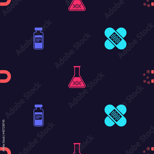 Set Crossed bandage plaster, Medical vial, ampoule, DNA research, search and Magnet with money on seamless pattern. Vector