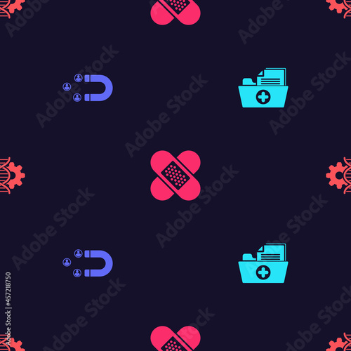 Set Health record folder, Customer attracting, Crossed bandage plaster and Gene editing on seamless pattern. Vector