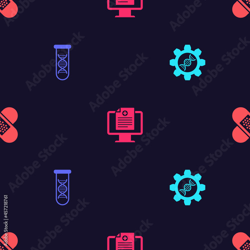 Set Genetic engineering, DNA research, search, Clinical record on monitor and Crossed bandage plaster on seamless pattern. Vector