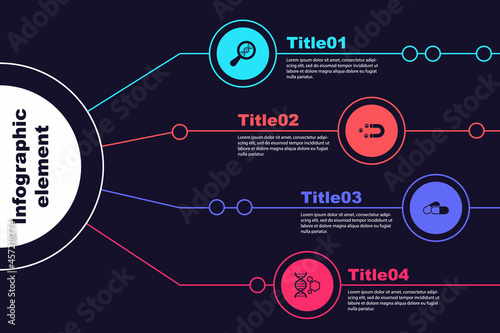 Set DNA research, search, Customer attracting, Medicine pill or tablet and Genetic engineering. Business infographic template. Vector