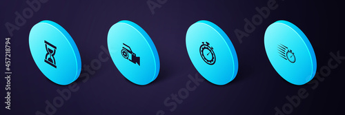 Set Isometric Stopwatch, Time management setting, Video camera and Old hourglass with sand icon. Vector