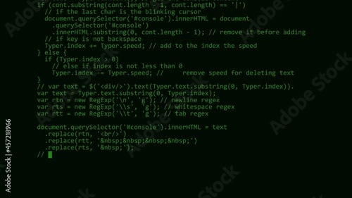 Green lines of random program code fast scrolling on a Computer screen terminal. Breaking Into the System. Technology, coding, programming, software and hacking concept. 4k.