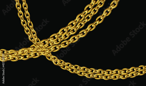 Gold chains jewelry on black background. Baroque golden illustration. Gold necklace. Platinum chain with glossy. Luxury shiny jewelry. Vector illustration for wallpaper, web banner design, and print.