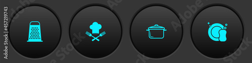 Set Grater, Chef hat and fork, Cooking pot and Washing dishes icon. Vector