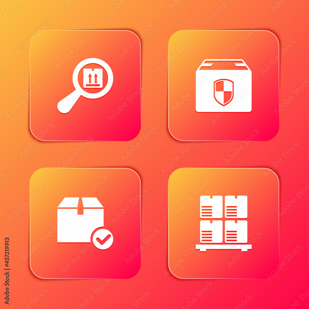 Set Search package, Delivery box security shield, Package with check mark and Cardboard boxes on pallet icon. Vector