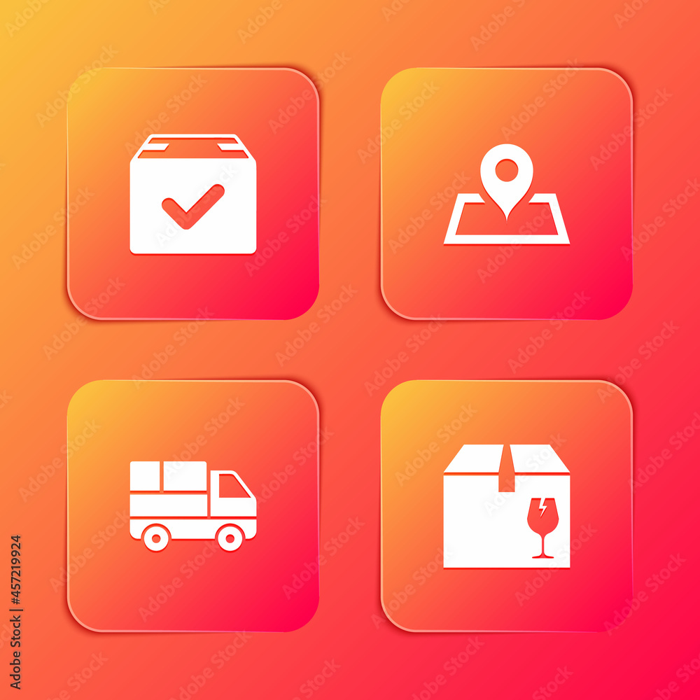 Set Package box with check mark, Placeholder on map, Delivery truck boxes and fragile content icon. Vector