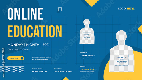 Website banner template With blue and yellow background for Online Education, Online Class Programs, Courses and other E-Learning